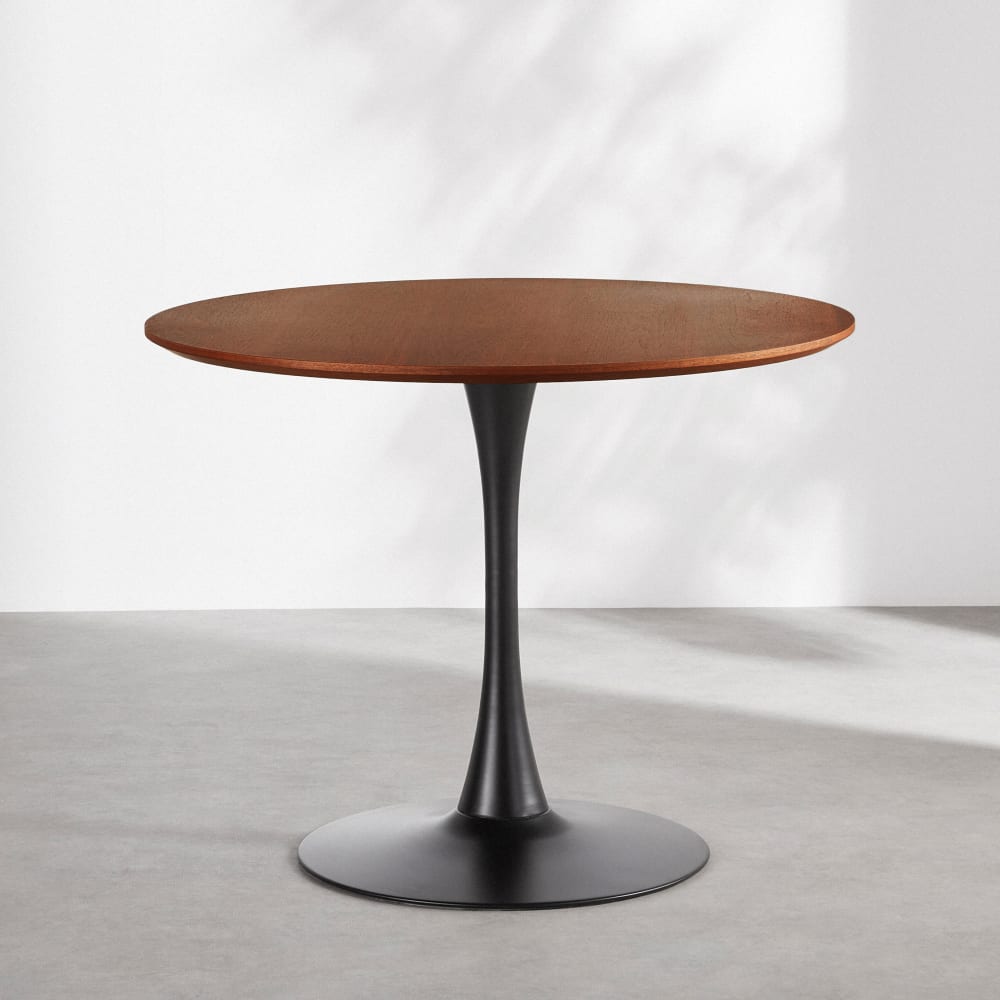 Table à manger ronde en placage noyer et acier noir 4/5 personnes D100