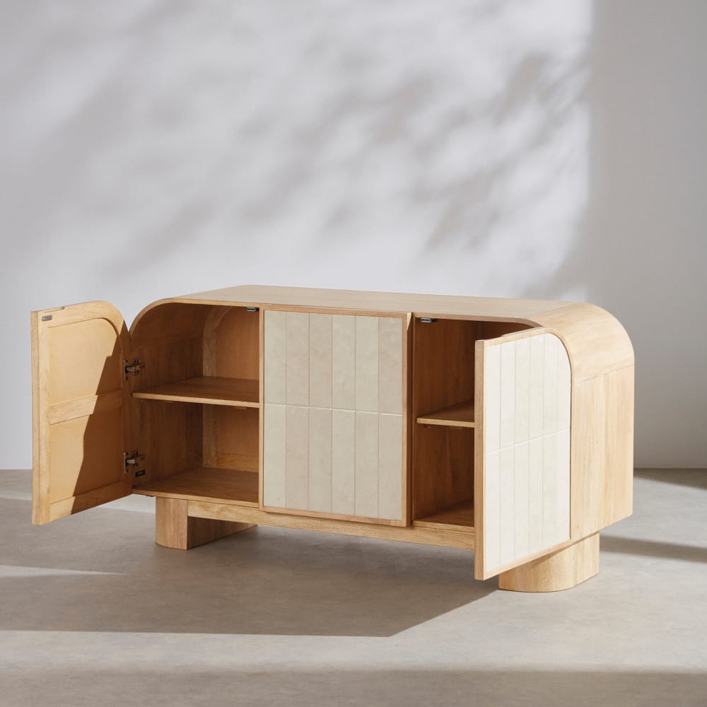 Buffet 3 portes en bois de manguier et céramique effet zellige, L145 cm