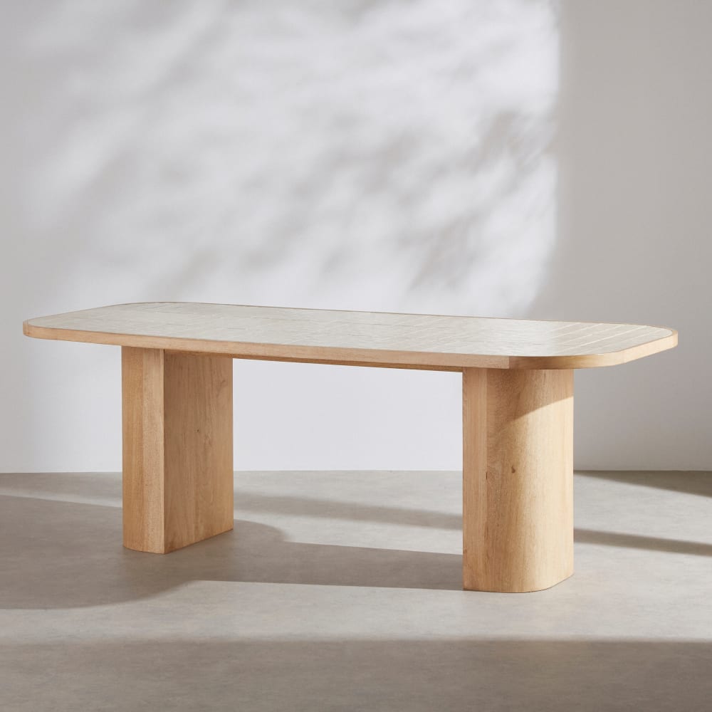 Table à manger en bois de manguier et carreaux de céramique effet zellige, 8 personnes, L205 cm