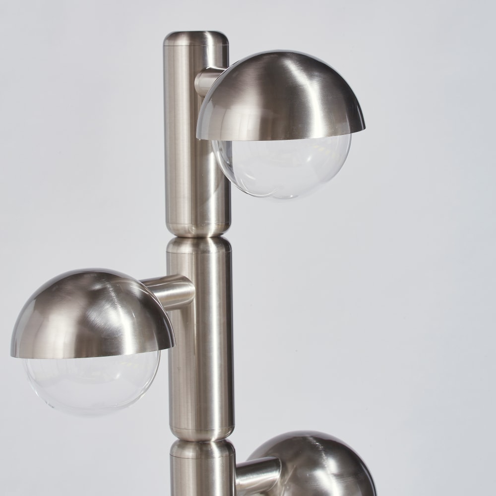 Lampadaire en inox gris avec 3 abat-jours globes transparents, H160 cm (gagnant TOP OF DESIGN)