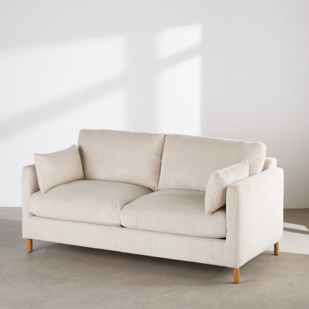 Dreisitzer-Schlafsofa aus beigefarbenem Cord, 14 cm Matratze -