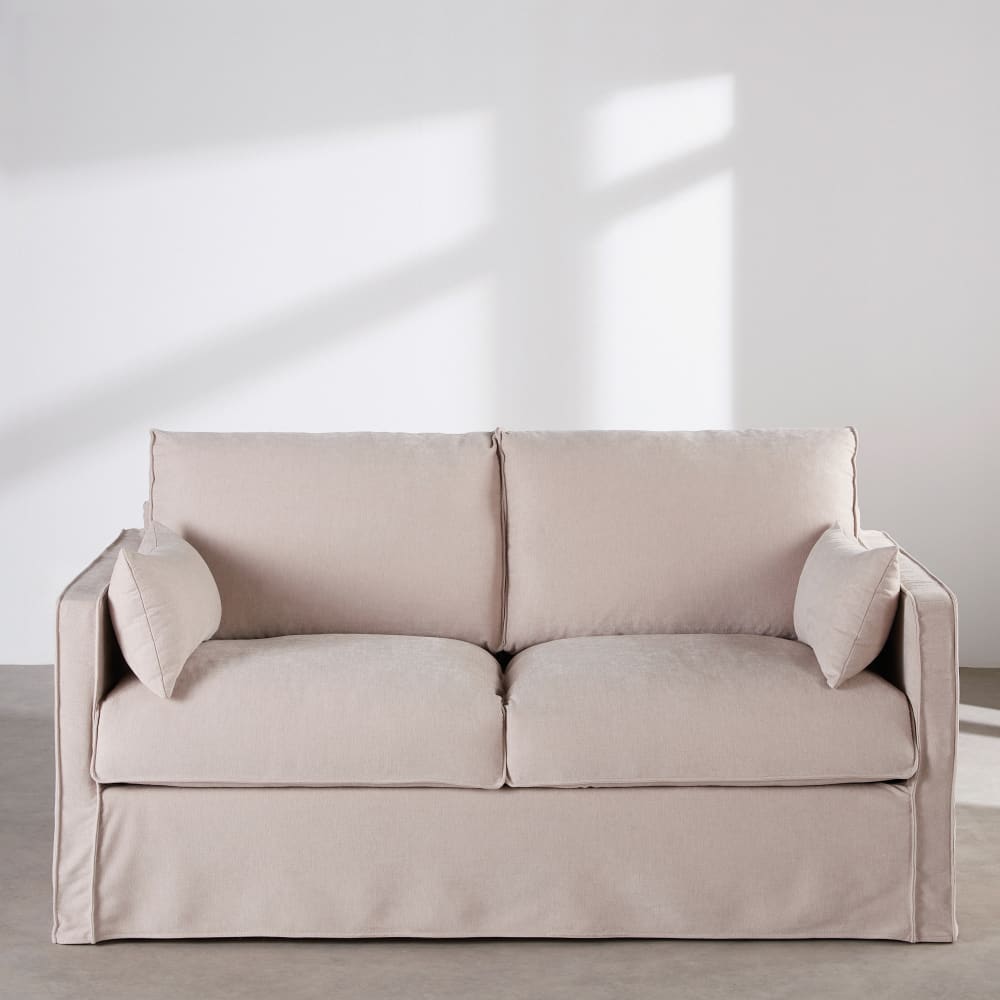 Canapé convertible 3 places déhoussable en tissu polyester tramé beige, matelas 14 cm Canapé convertible 3 places déhoussable en tissu polyester tramé beige, matelas 14 cm