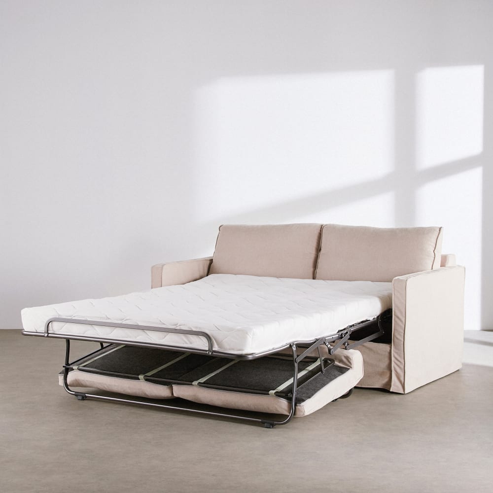 Canapé convertible 3 places déhoussable en tissu polyester tramé beige, matelas 14 cm — vue 4