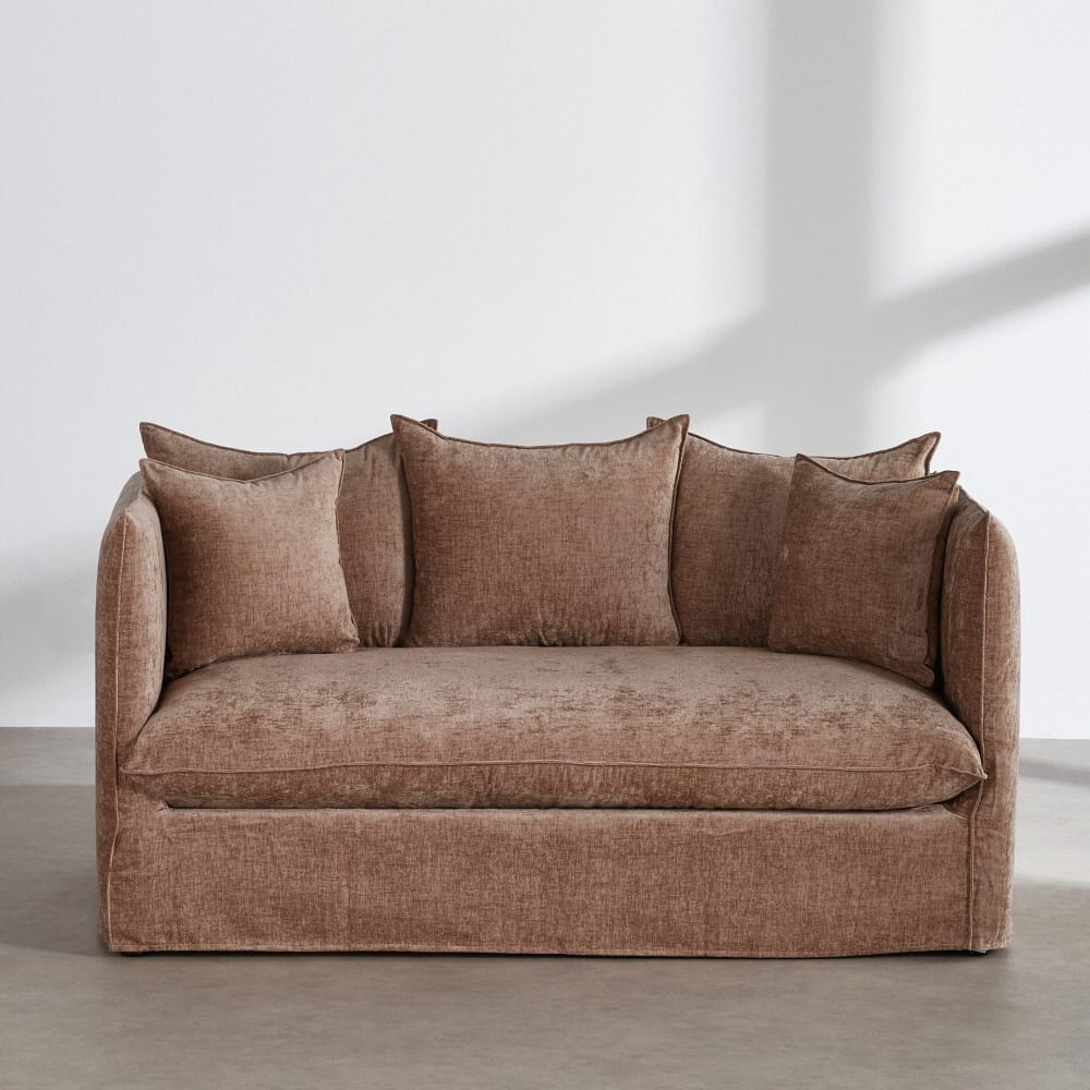 Canapé convertible 2 places effet velours beige latte, matelas 10 cm