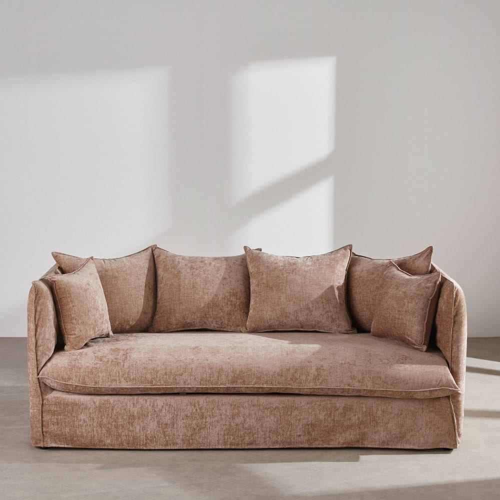 Canapé convertible 3 places effet velours beige latte, matelas 10 cm