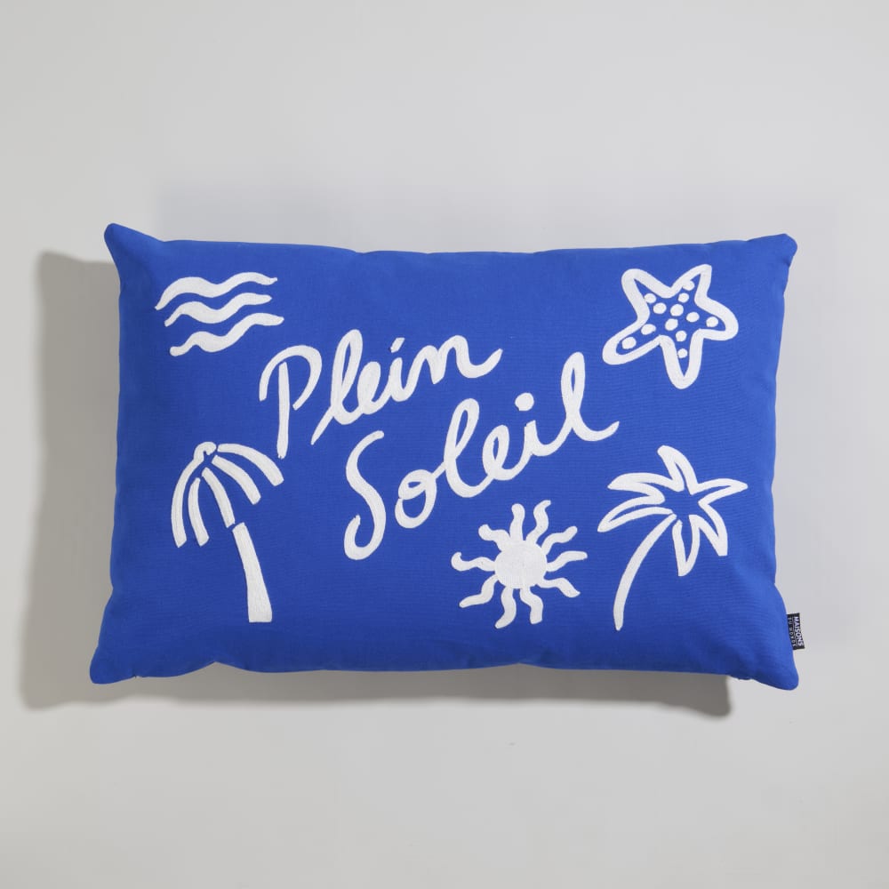 Coussin en coton motif brodé bleu et blanc 60x40