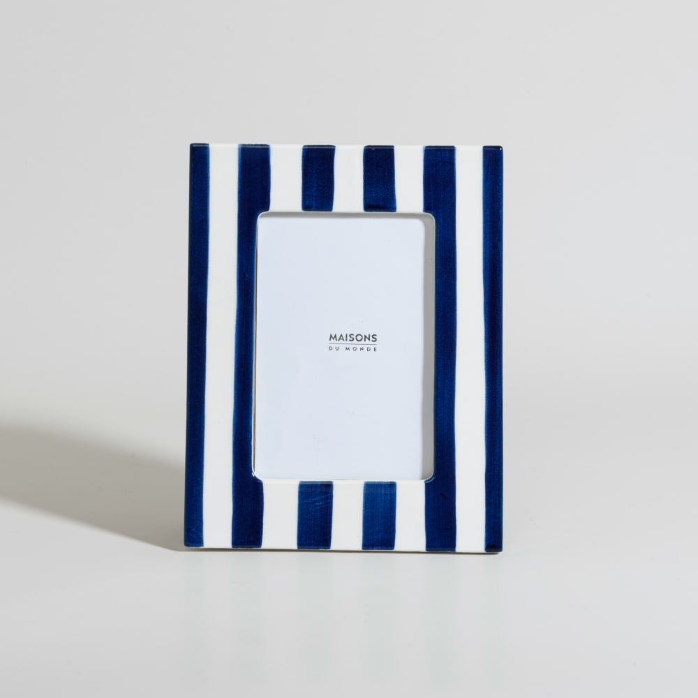 Cadre photo en faïence à rayures blanches et bleues 11x16