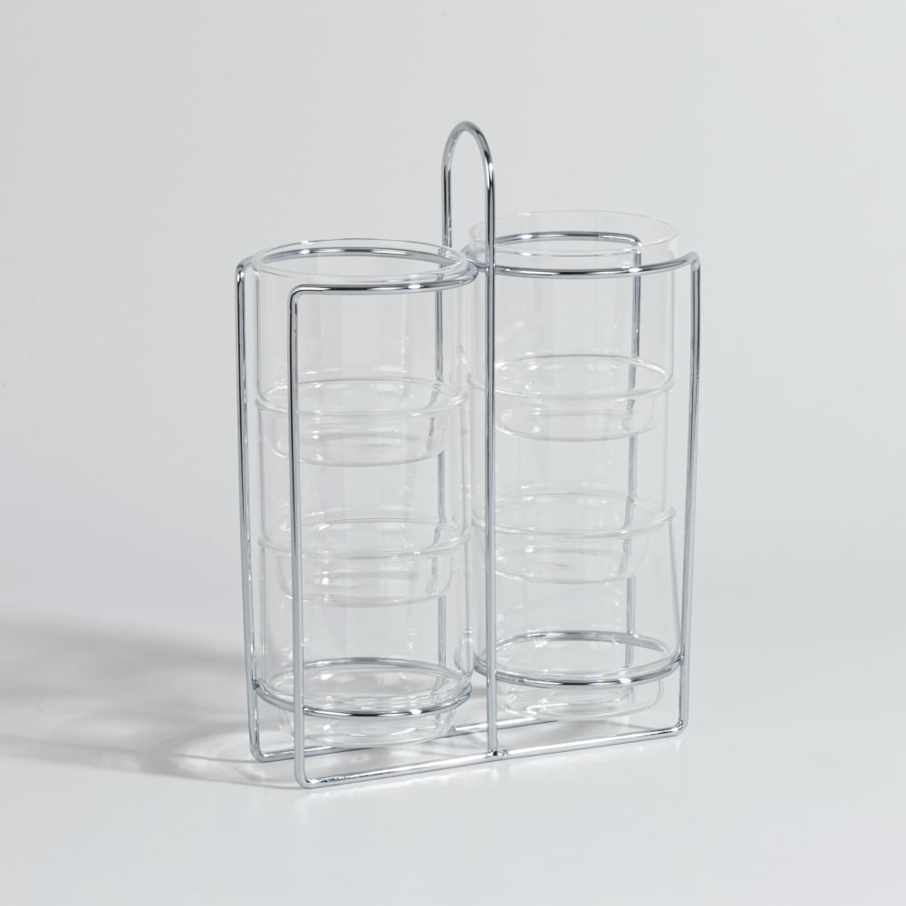 Set de 6 vasos de vidrio transparente y soporte