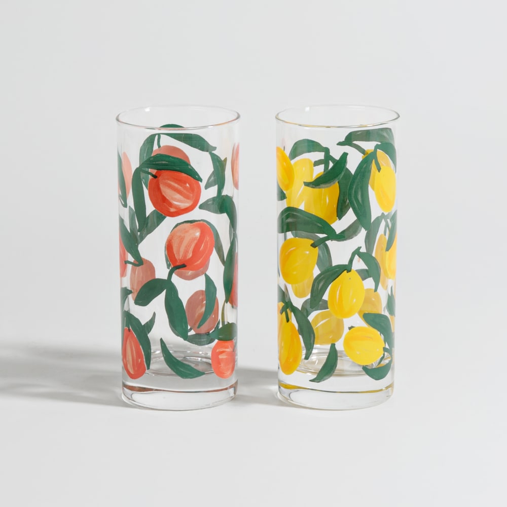 Verres en verre transparent motifs fruits (x6) et support paillotte - Maisons du Monde