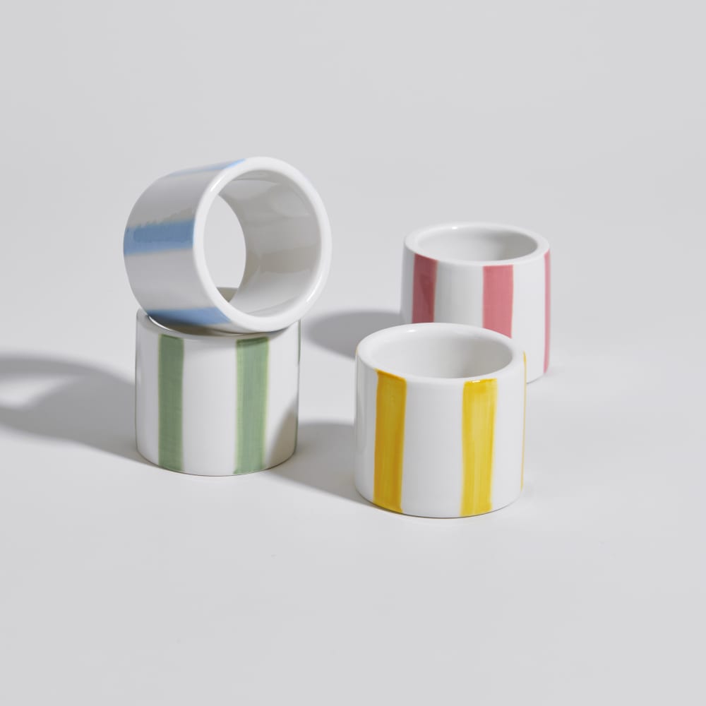 Ronds de serviettes en céramique à rayures bleu, corail, jaune et vert (x4)