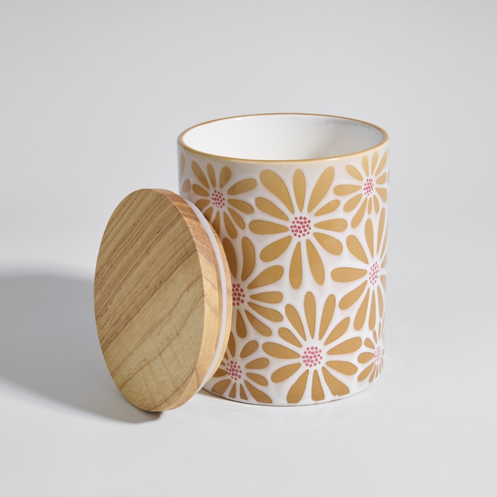 Pot en céramique motif floral blanc, ocre et rouge et bois d'hévéa H15 - Maisons du Monde