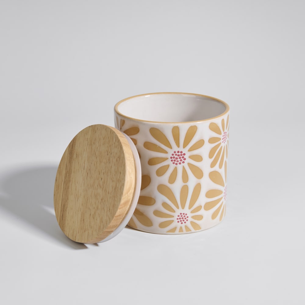 Pot en céramique motif floral blanc, ocre et rouge et bois d'hévéa H12 - Maisons du Monde