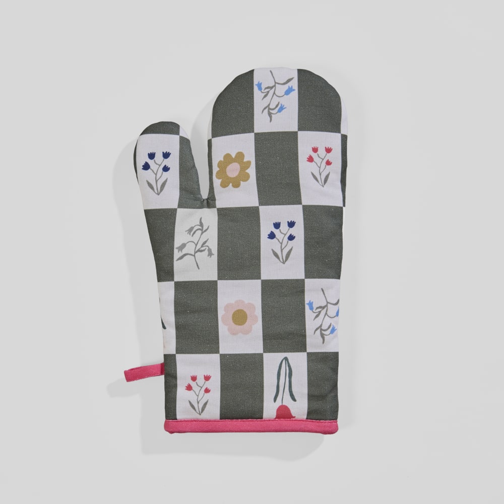 Gant de cuisine en coton biologique motifs carreaux et fleurs multicolores