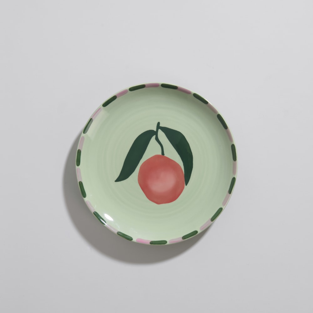 Assiette à dessert en céramique verte, orange et rose motif fruits