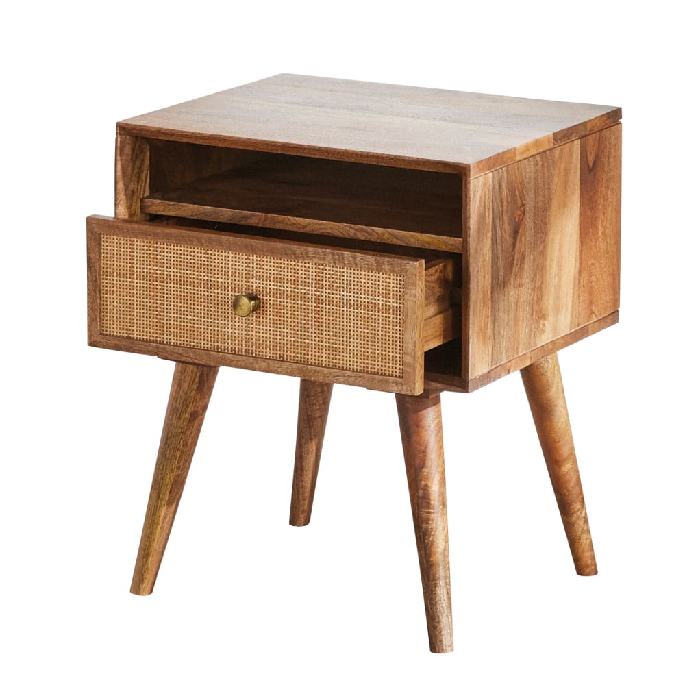 Table de chevet vintage 1 tiroir 1 niche en bois de manguier et rotin