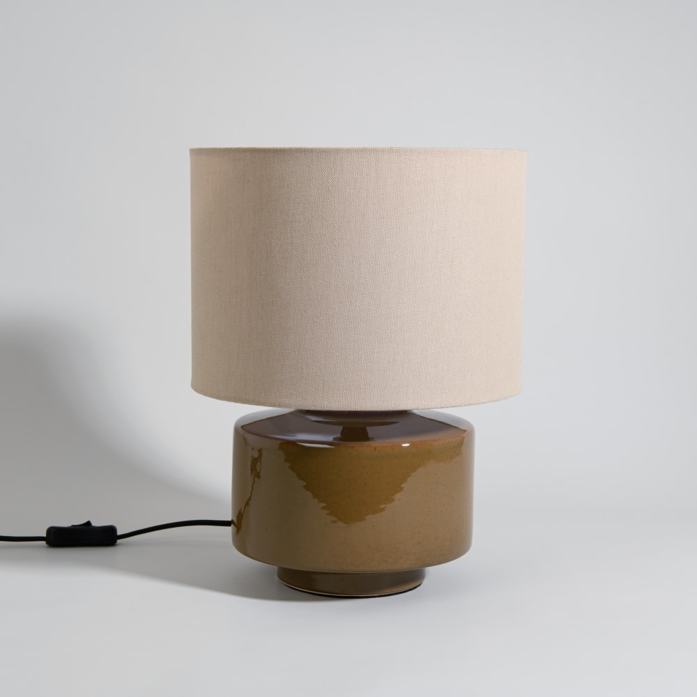 Lampe en grès marron et abat-jour beige crème