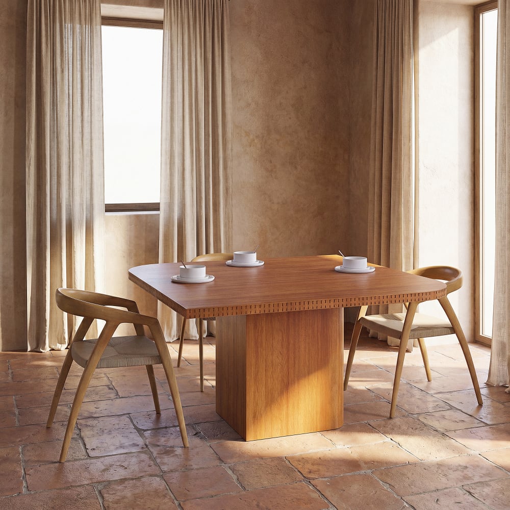 Table à manger carrée placage acacia, L140 cm