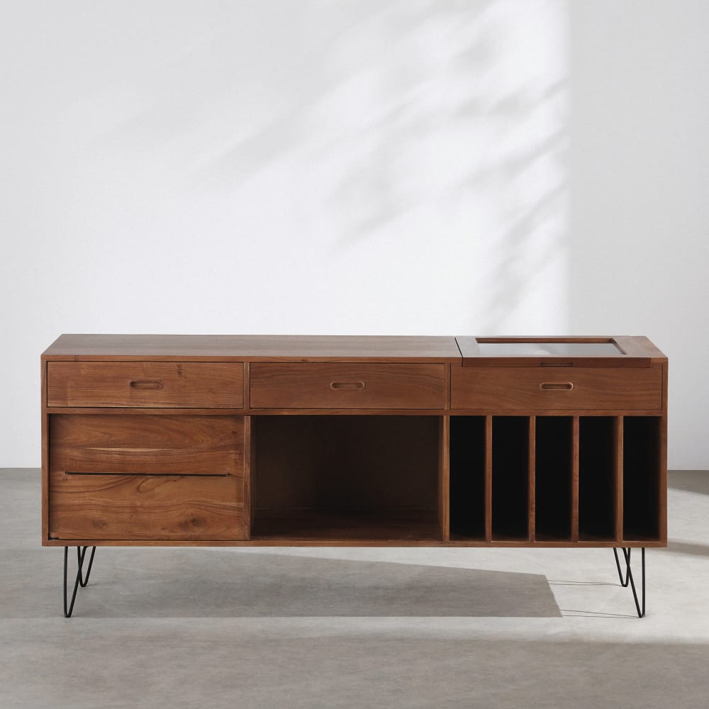 Buffet meuble à vinyles 3 tiroirs 1 niche, L165 cm