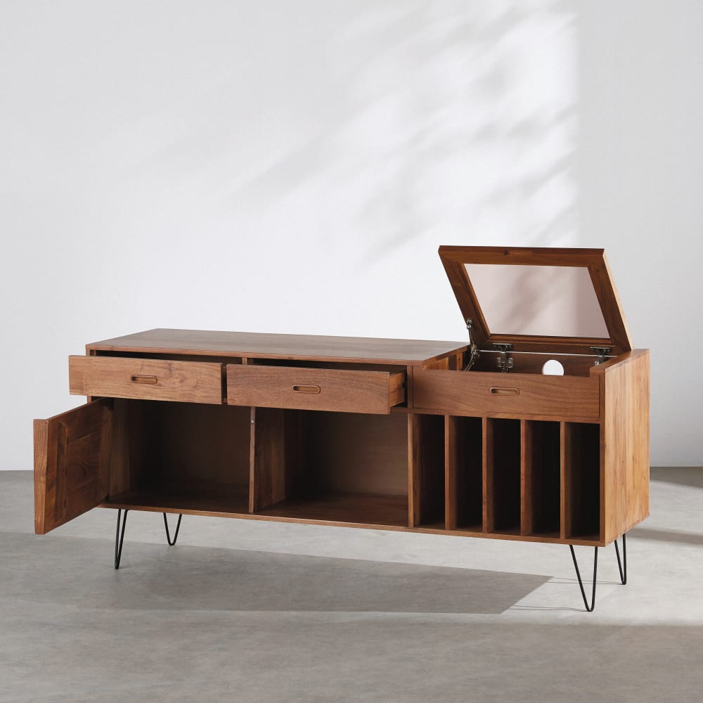 Buffet meuble à vinyles 3 tiroirs 1 niche, L165 cm