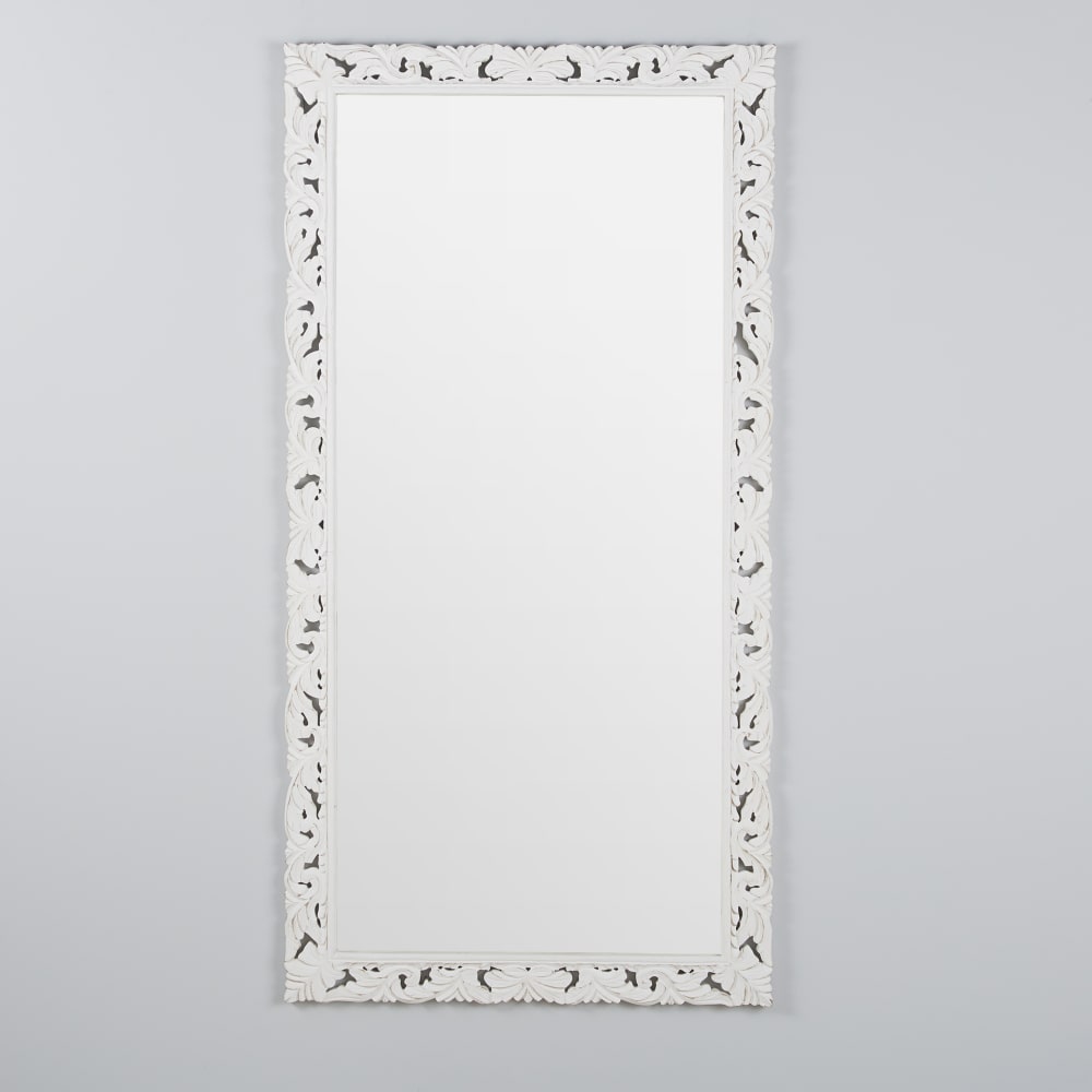 Grand miroir rectangulaire en bois de manguier sculpté blanc, 90x180 cm — Beyit