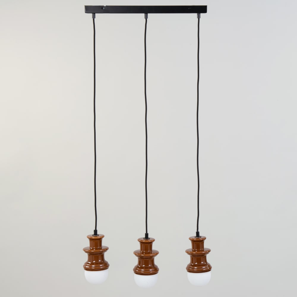 Suspension rampe en grès marron et 3 globes blancs