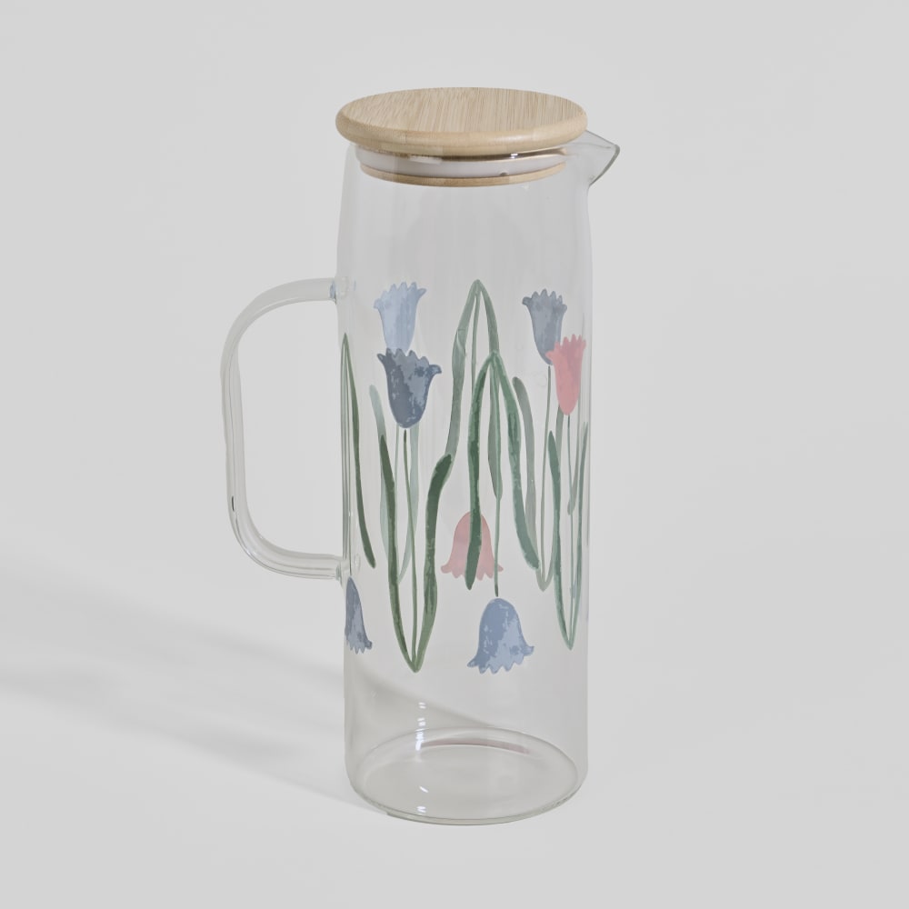 Carafe en verre transparent motifs fleurs multicolores, 2L