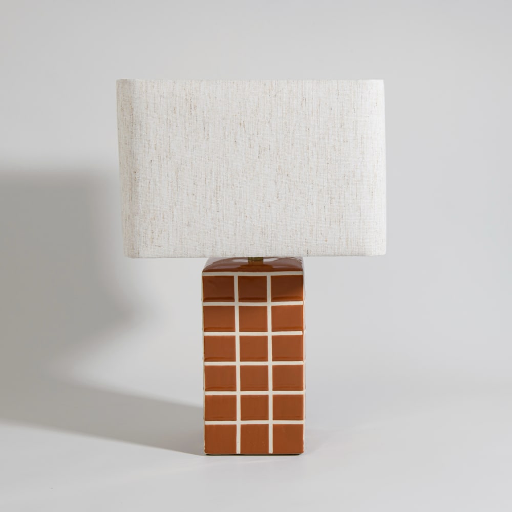 Lampe en grès marron et abat-jour beige crème