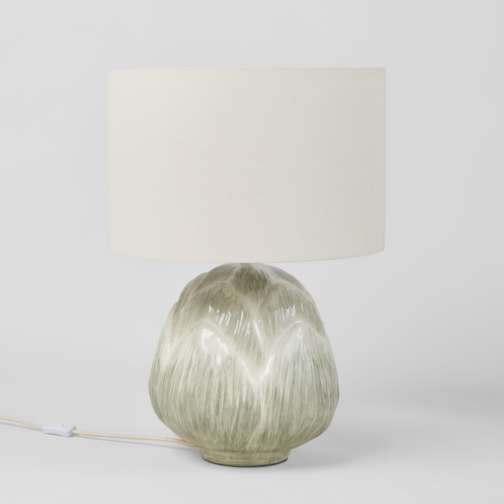 Lampe artichaut en faïence verte et abat-jour beige