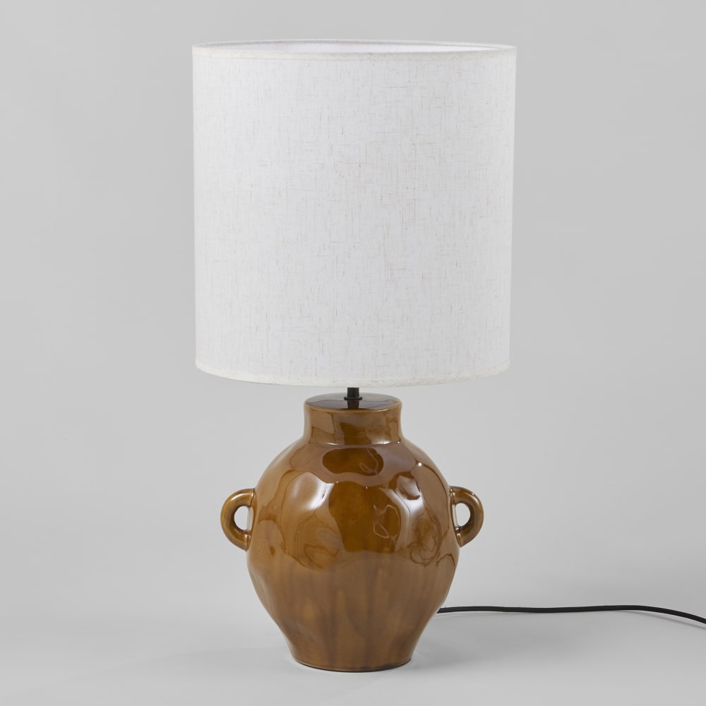 Lampe en grès marron et abat-jour beige