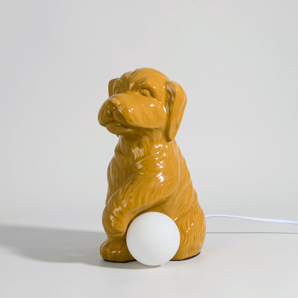 Lampe chien en grès jaune et globe