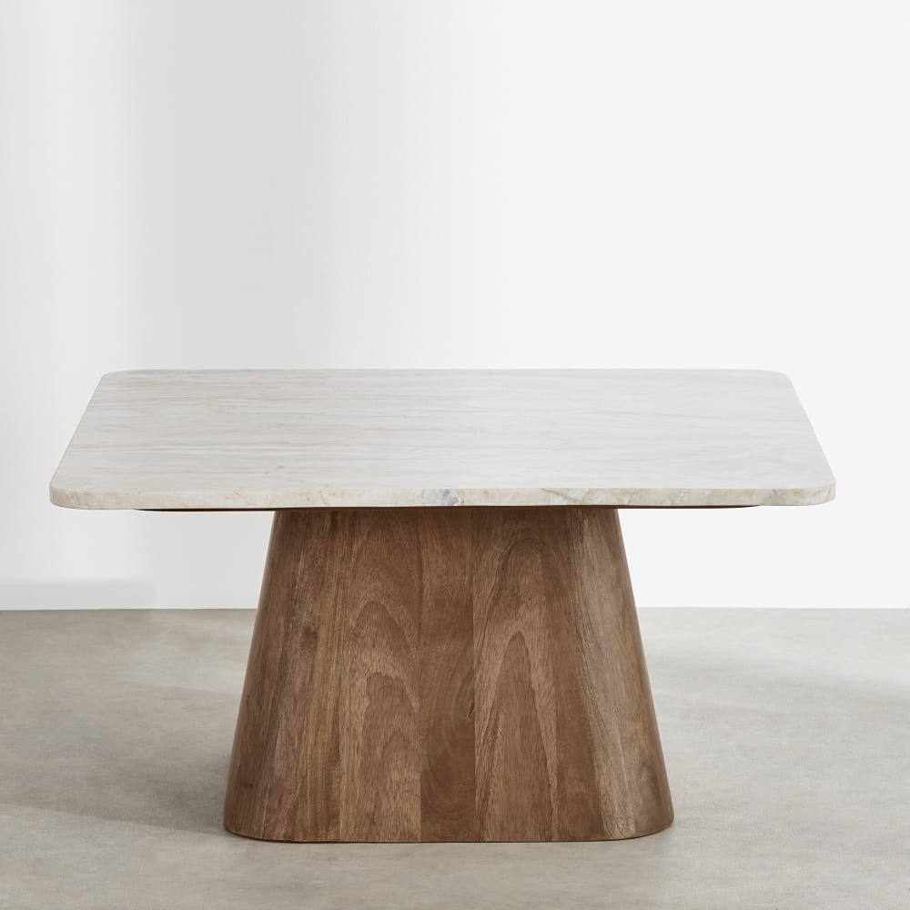 Couchtisch aus weißem Marmor und massivem Mangoholz, L 80 cm -