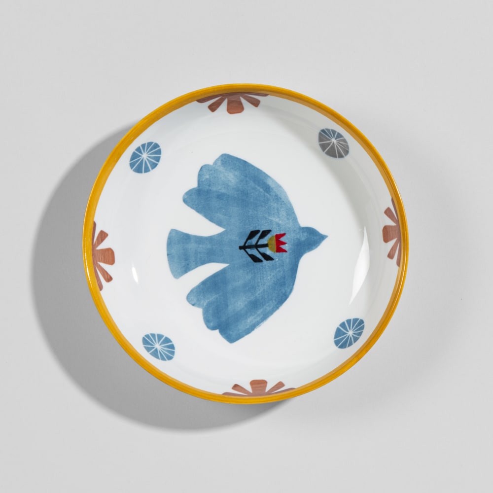 Assisette creuse motif oiseau en grès multicolore