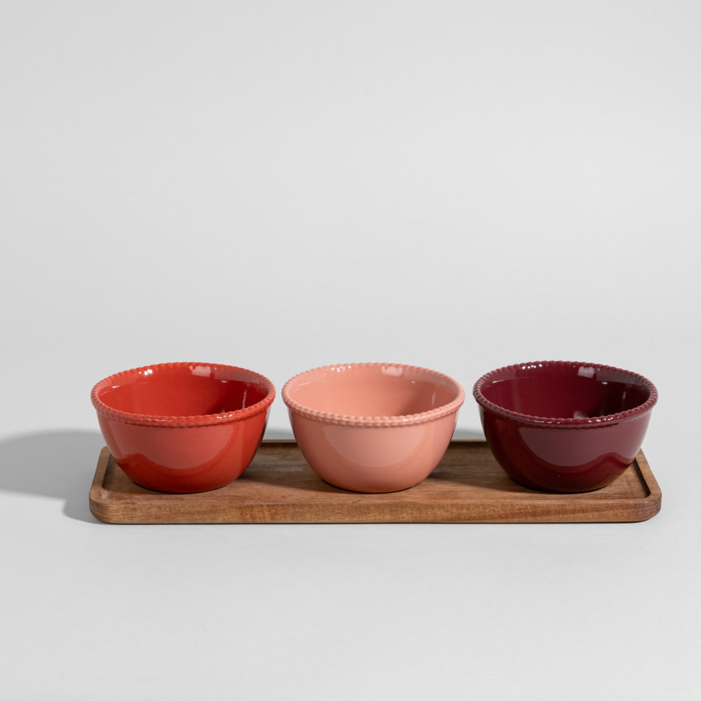 Coupelles apéritives (x3) en céramique et plateau en bois d'acacia