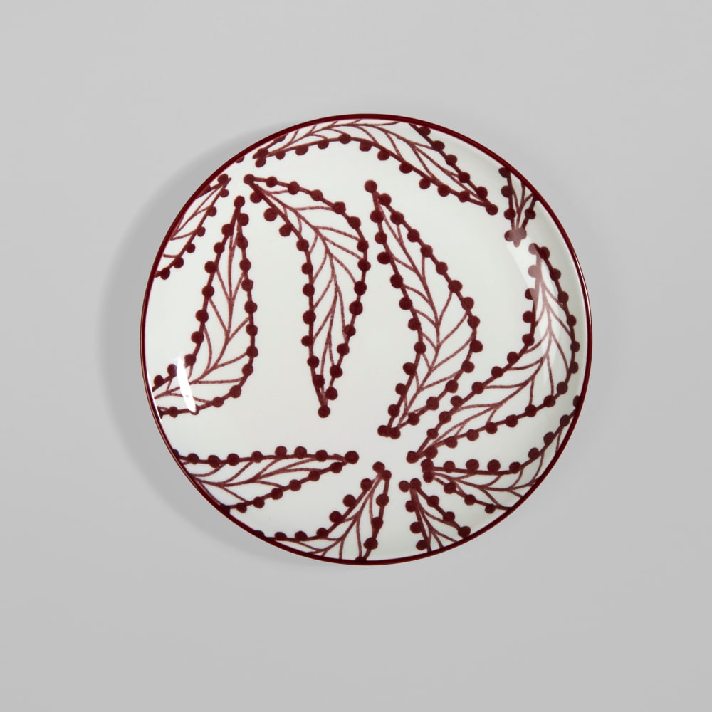 Assiette à dessert en céramique blanche et motif feuilles aubergine