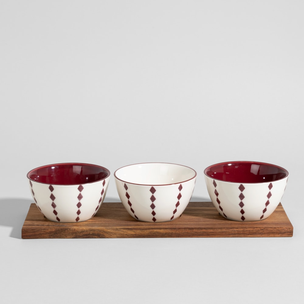 Coupelles apéritives (x3) en céramique blanche, aubergine et plateau en bois d'acacia