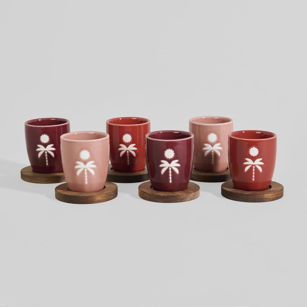 Coffret 6 tasses en céramique multicolore et soucoupes en bois d'acacia