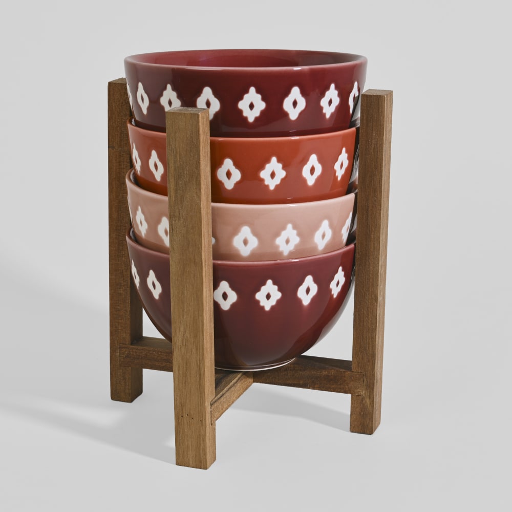 Bols (x4) en céramique multicolore à motifs et support en bois d'acacia Bols (x4) en céramique multicolore à motifs et support en bois d'acacia