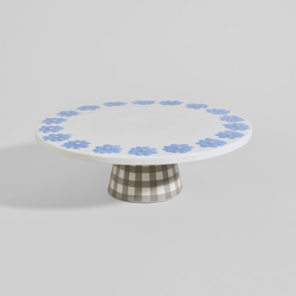 Présentoir à gâteaux en grès blanc motifs vichy gris et fleurs bleues