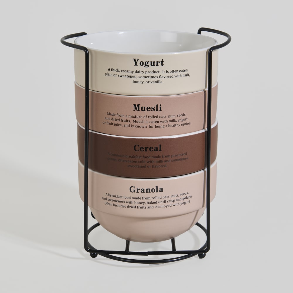 Bols (x4) en porcelaine marron, rose et blanche et support en acier