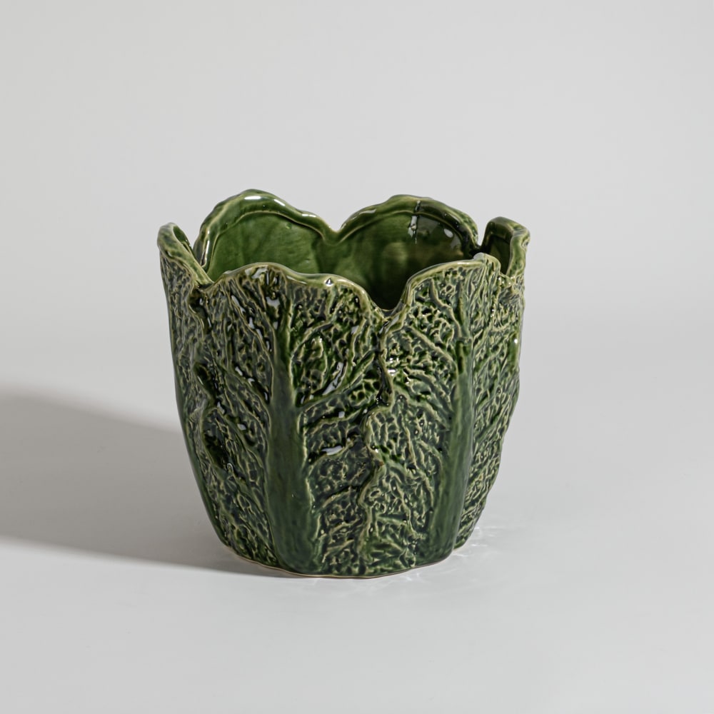 Cache-pot chou en grès vert, H17 cm