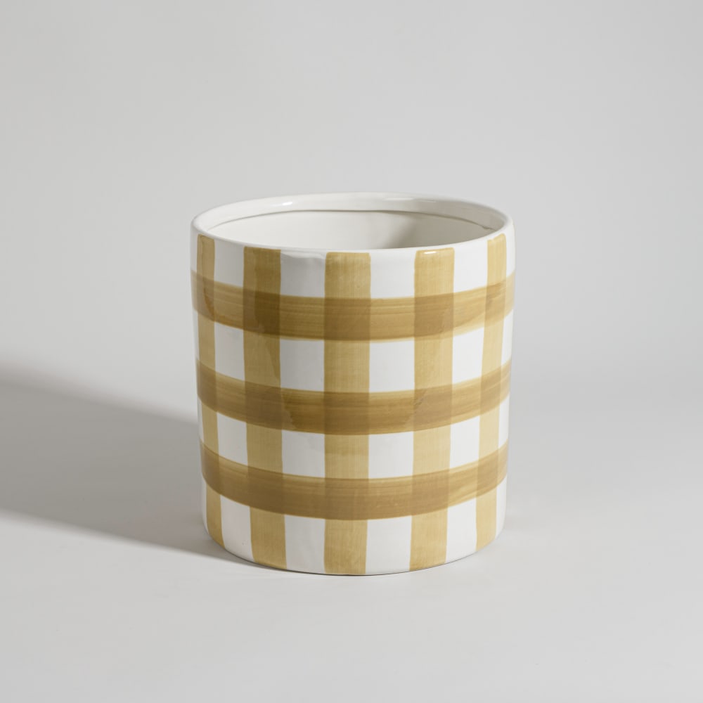 Cache-pot en faïence motif vichy blanc et noisette, H22 cm — Beyit