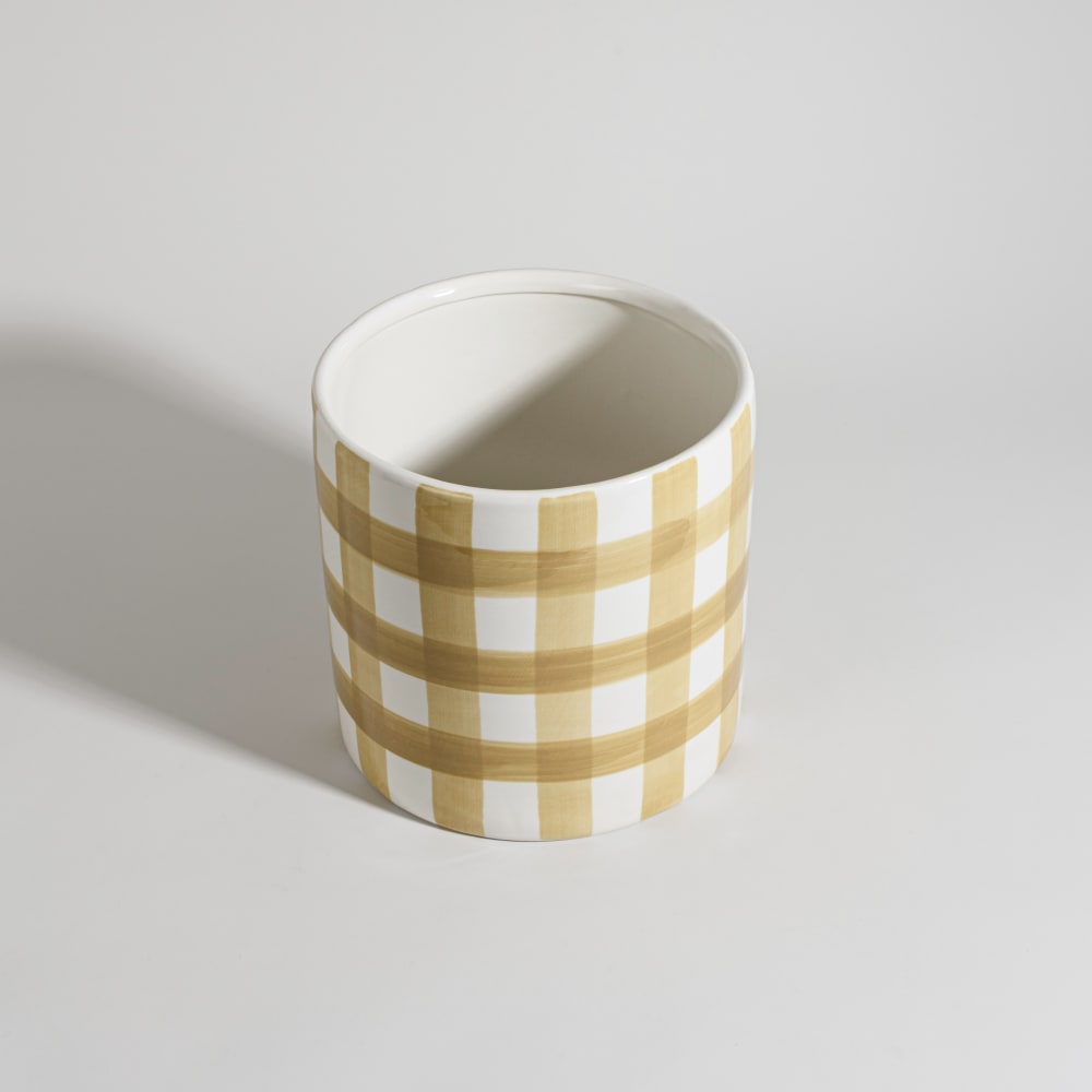 Cache-pot en faïence motif vichy blanc et noisette, H22 cm