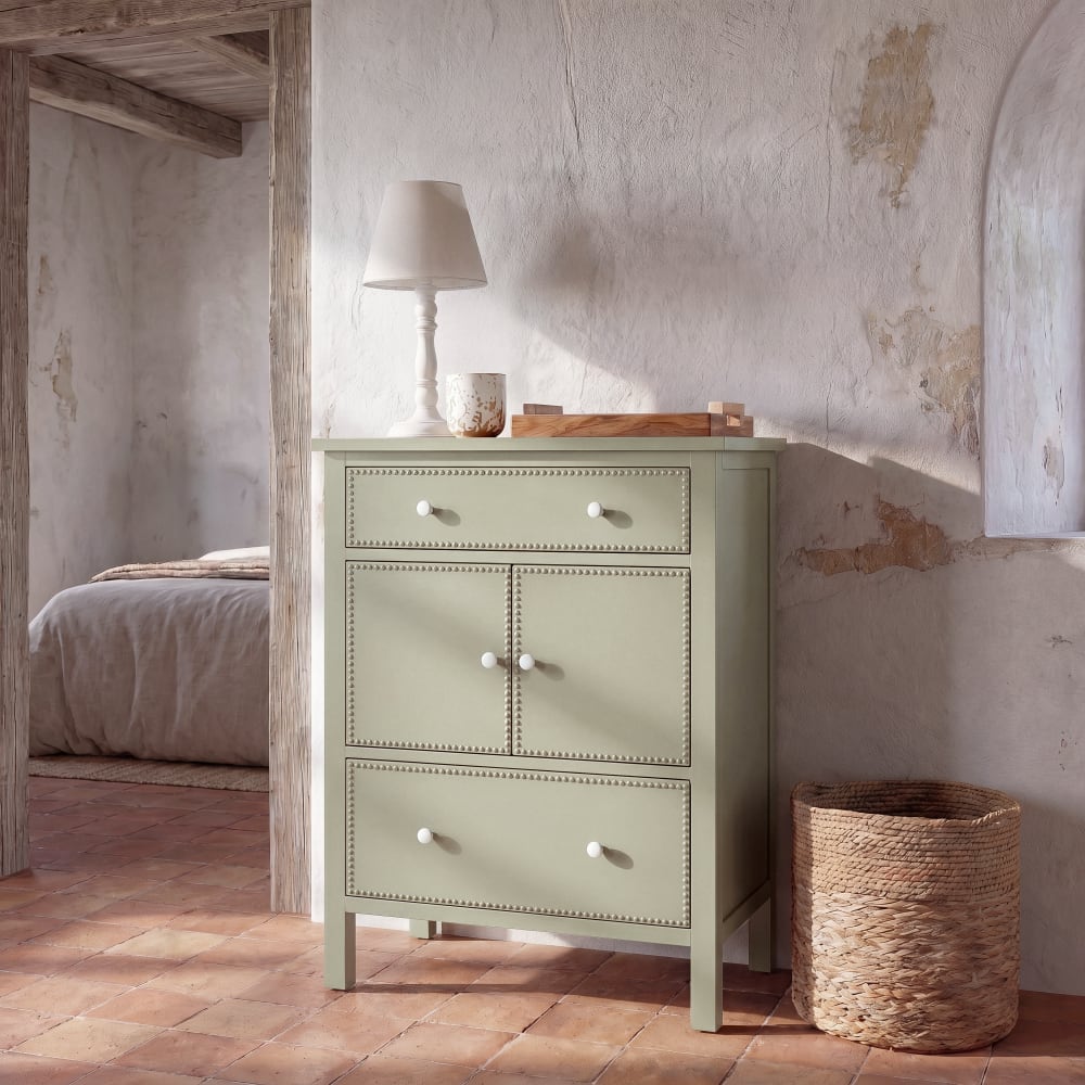 Chiffonnier 2 tiroirs 2 portes vert sauge, L75 cm