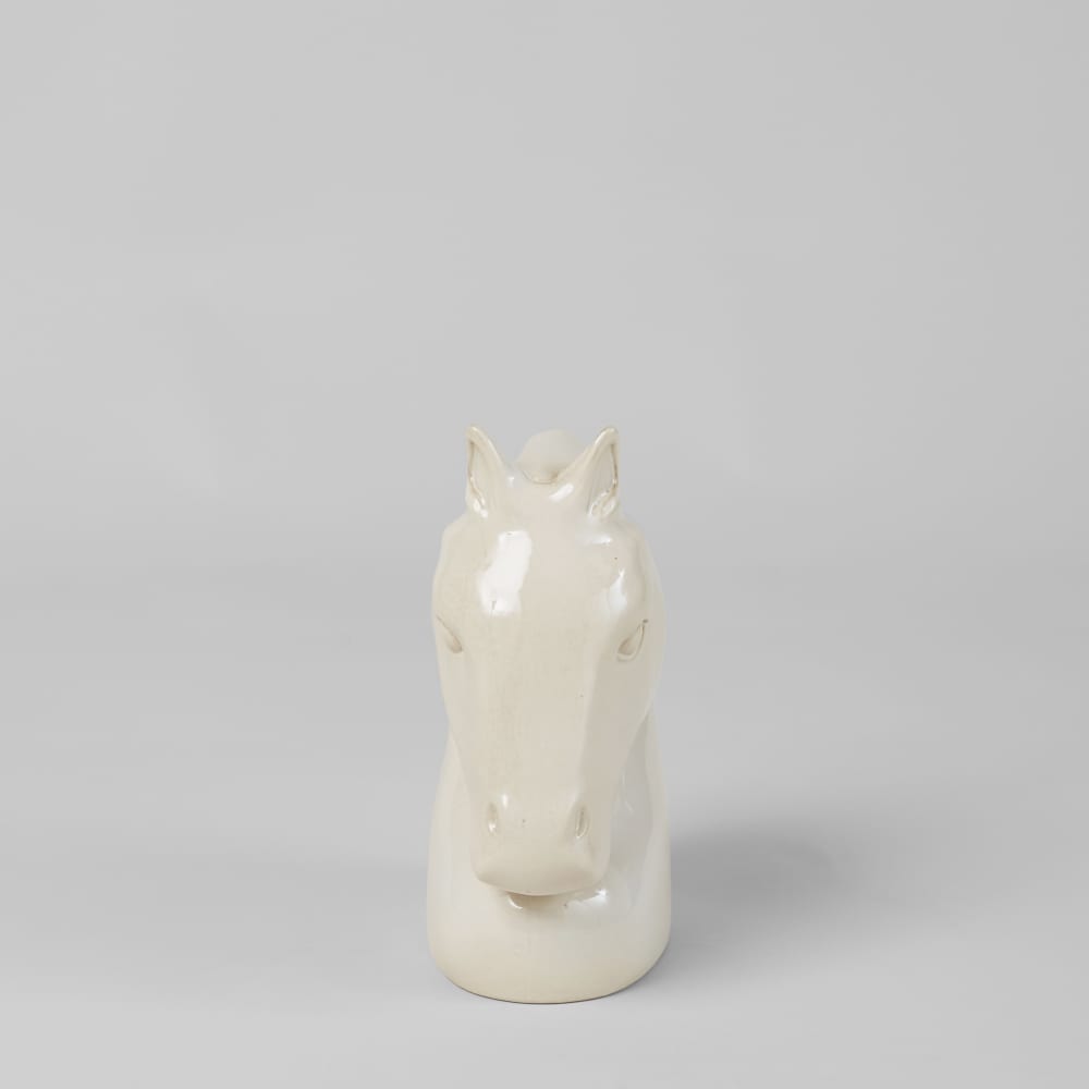 Pferdekopfstatuette aus weißem Sandstein, H 25 cm - Maisons Du