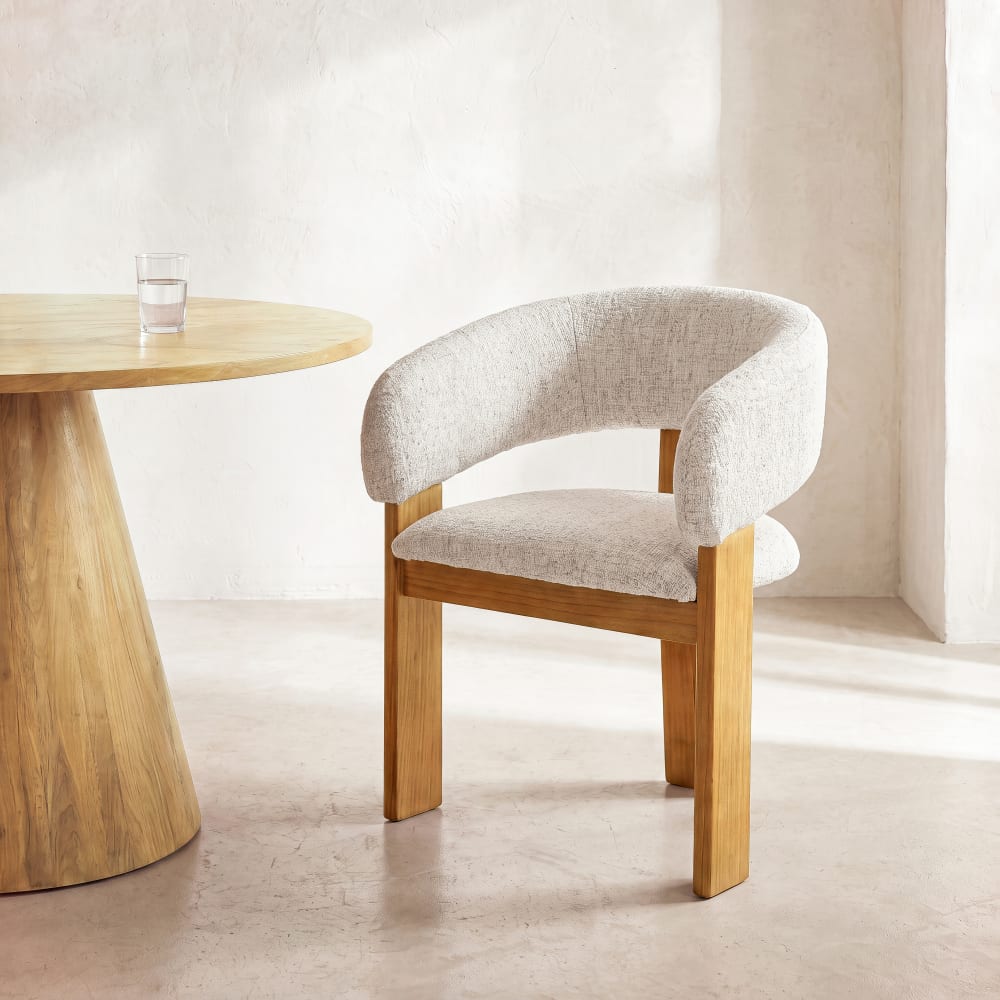 Fauteuil de table tripode en tissu polyester beige moucheté et pieds en bois de frêne massif