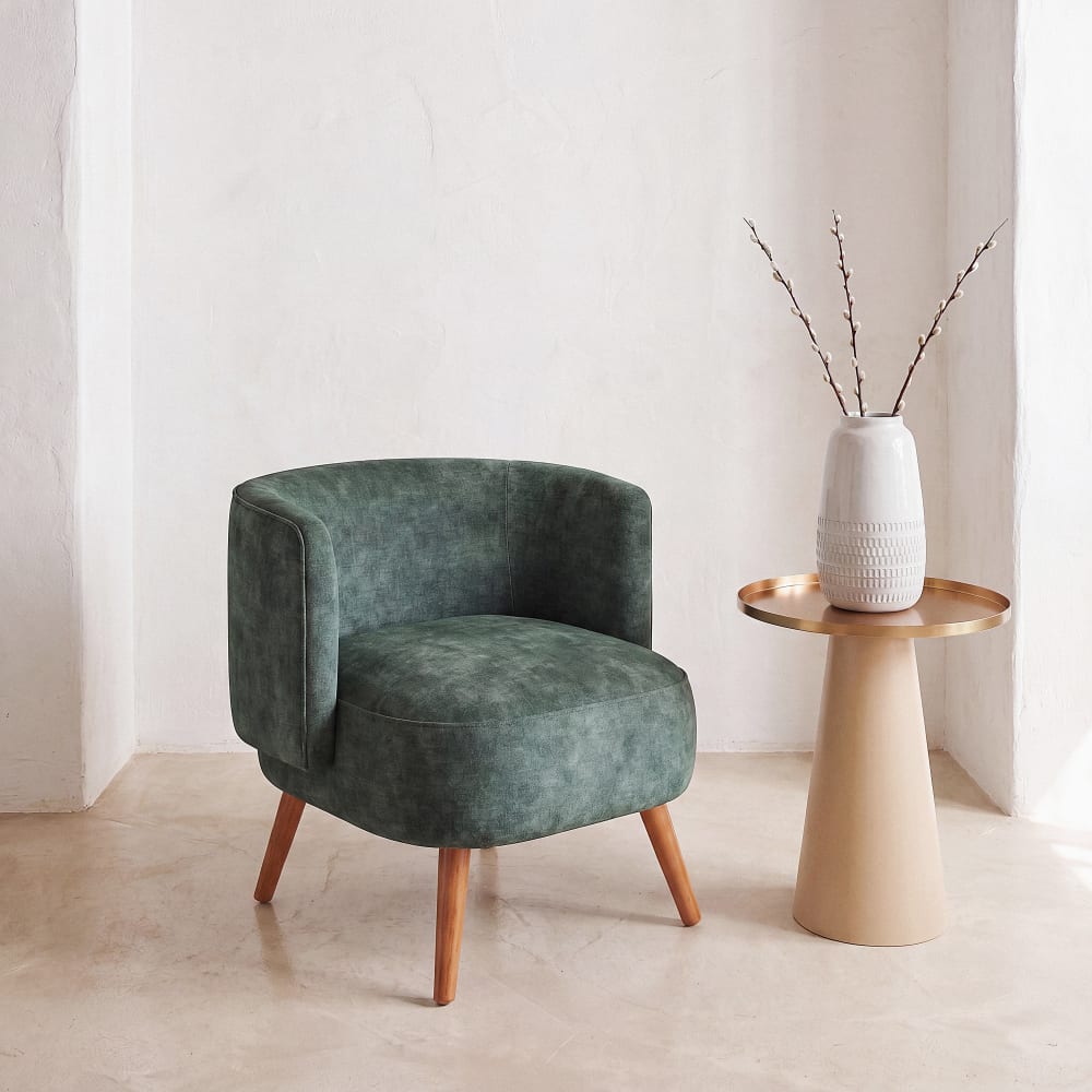 Fauteuil en tissu polyester effet velours vert kaki et pieds en bois d'hévéa