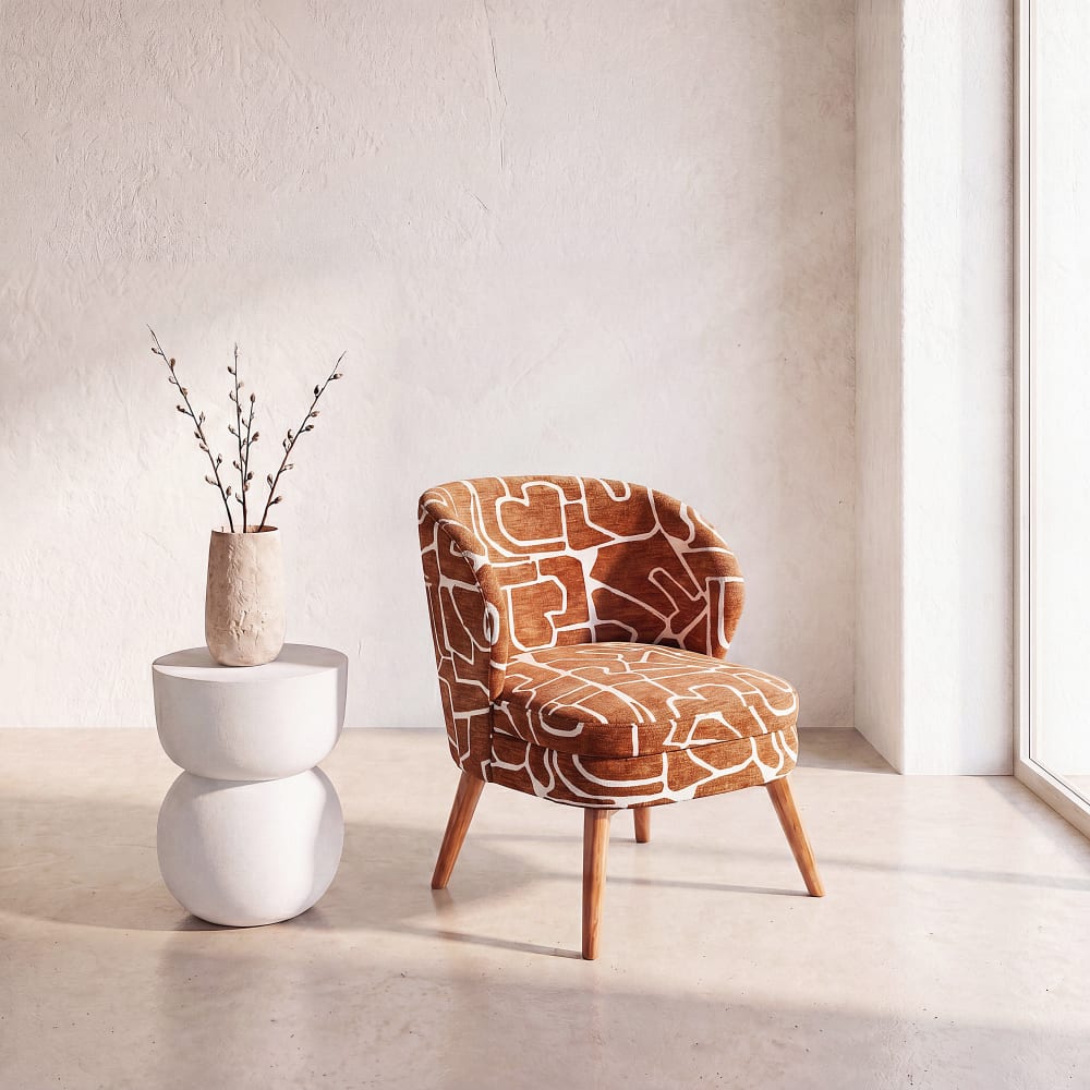 Fauteuil en tissu polyester jacquard auburn et écru Fauteuil en tissu polyester jacquard auburn et écru
