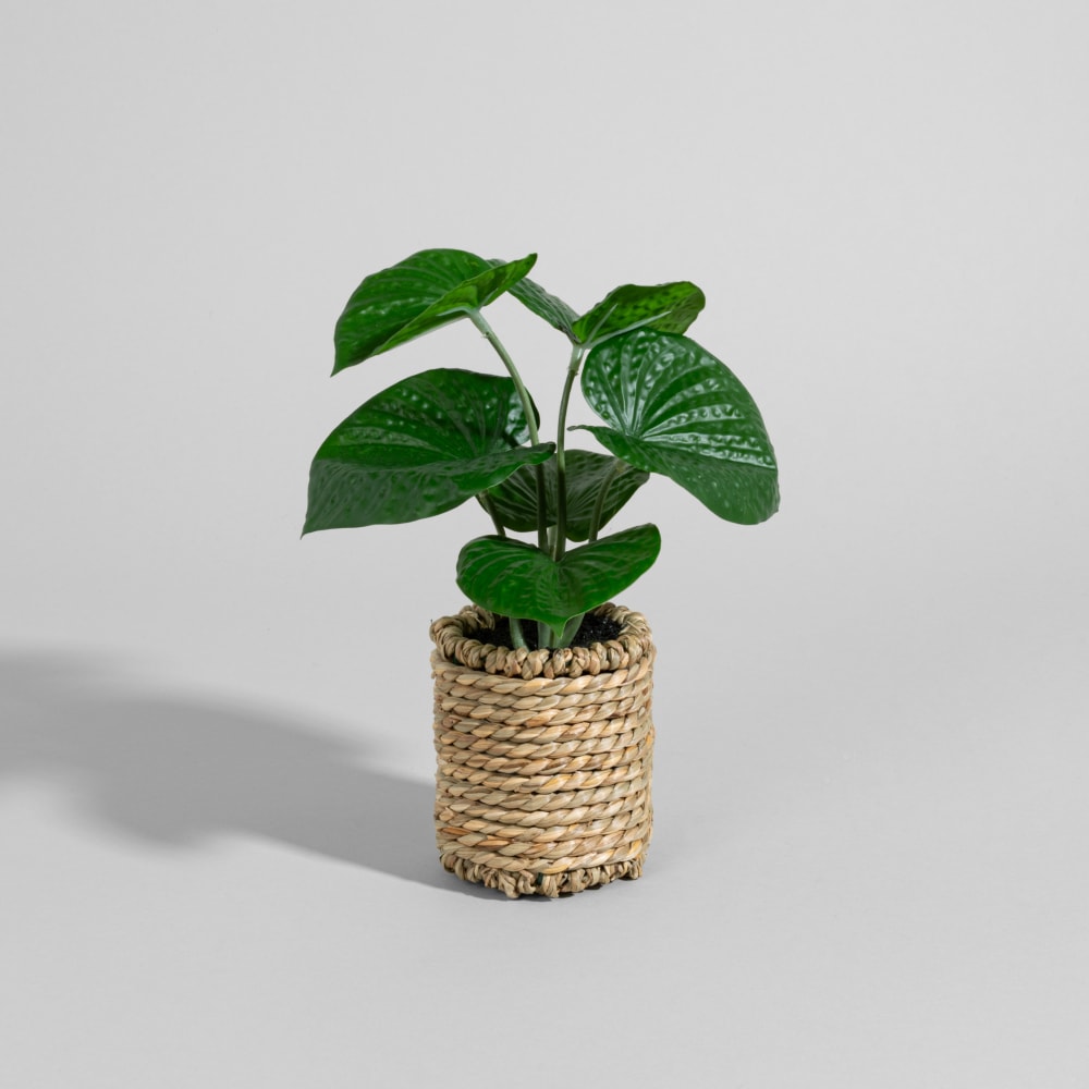 Plante verte artificielle et pot en rotin tressé Plante verte artificielle et pot en rotin tressé
