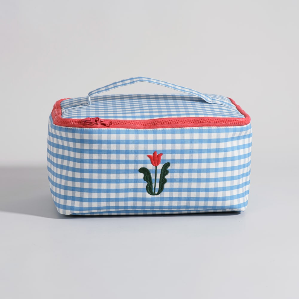 Trousse de toilette imprimé vichy bleu et blanc motif fleur — Beyit