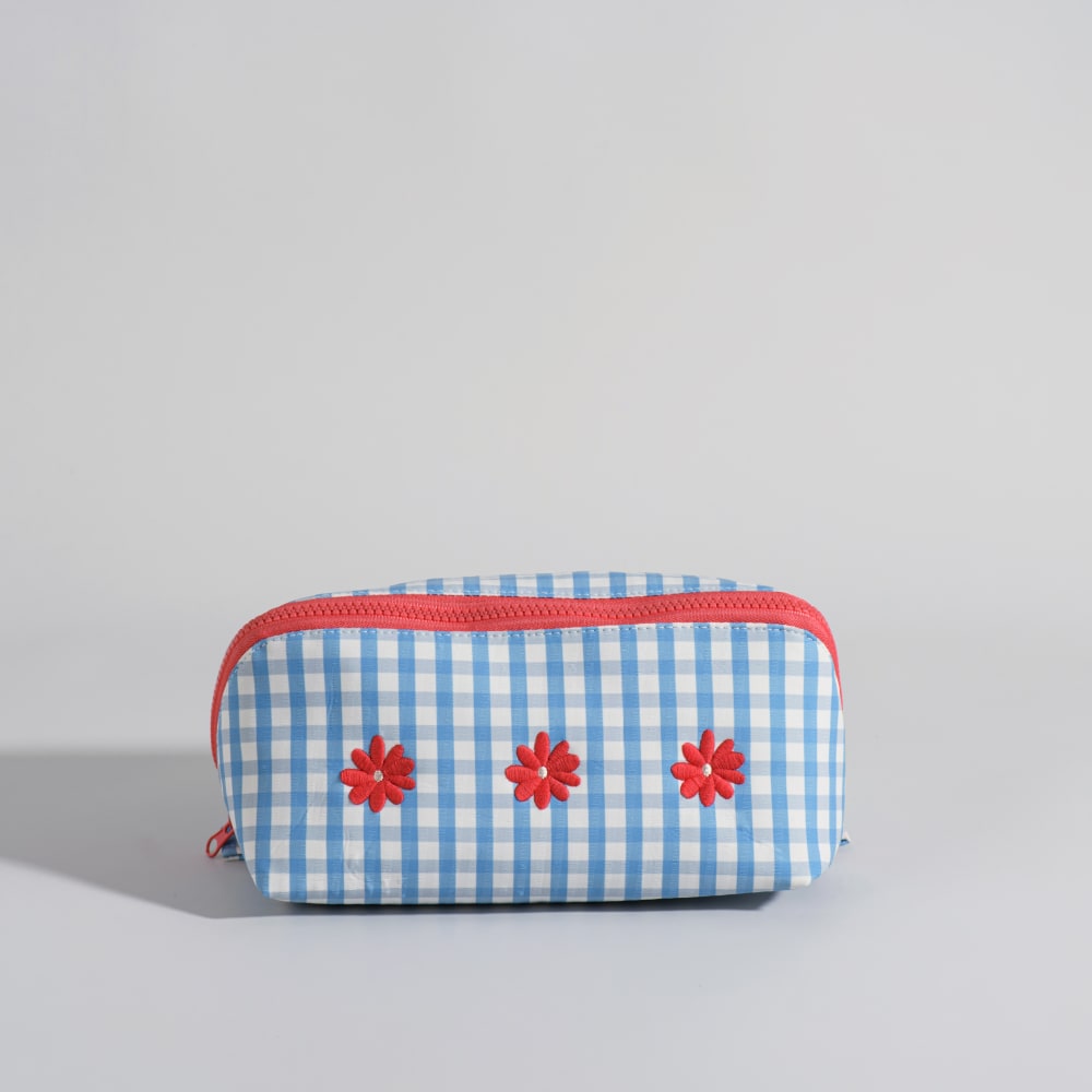Grande trousse de toilette imprimé vichy motifs fleurs roses — Beyit